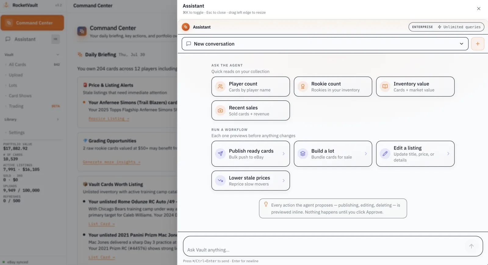 RocketVault Agent answering questions and previewing work before approval.