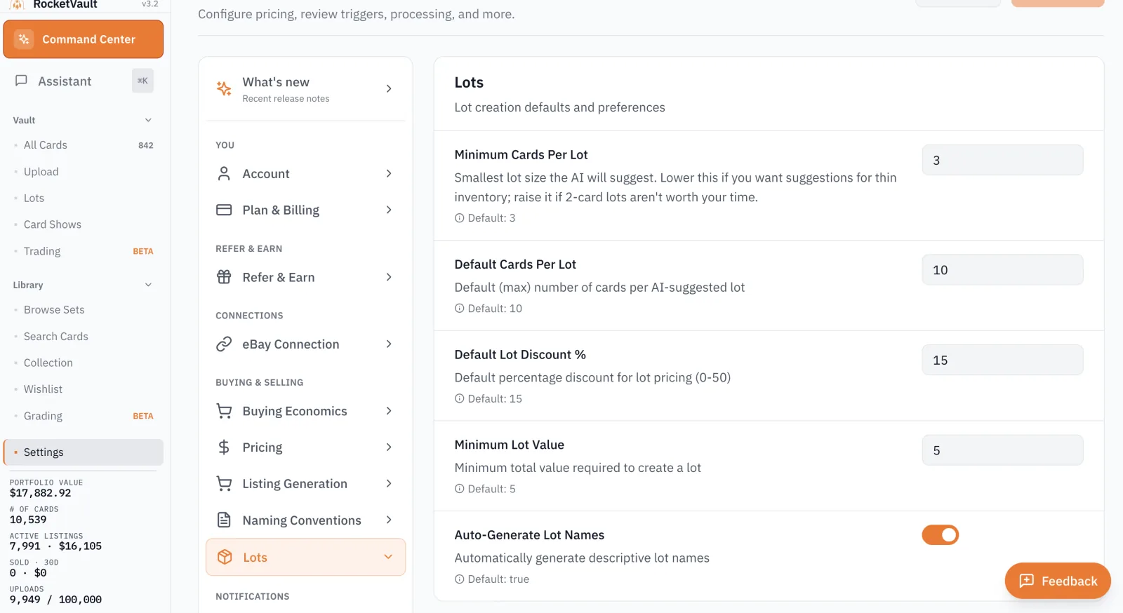 RocketVault lot settings and builder controls for pricing and publishing bundles.