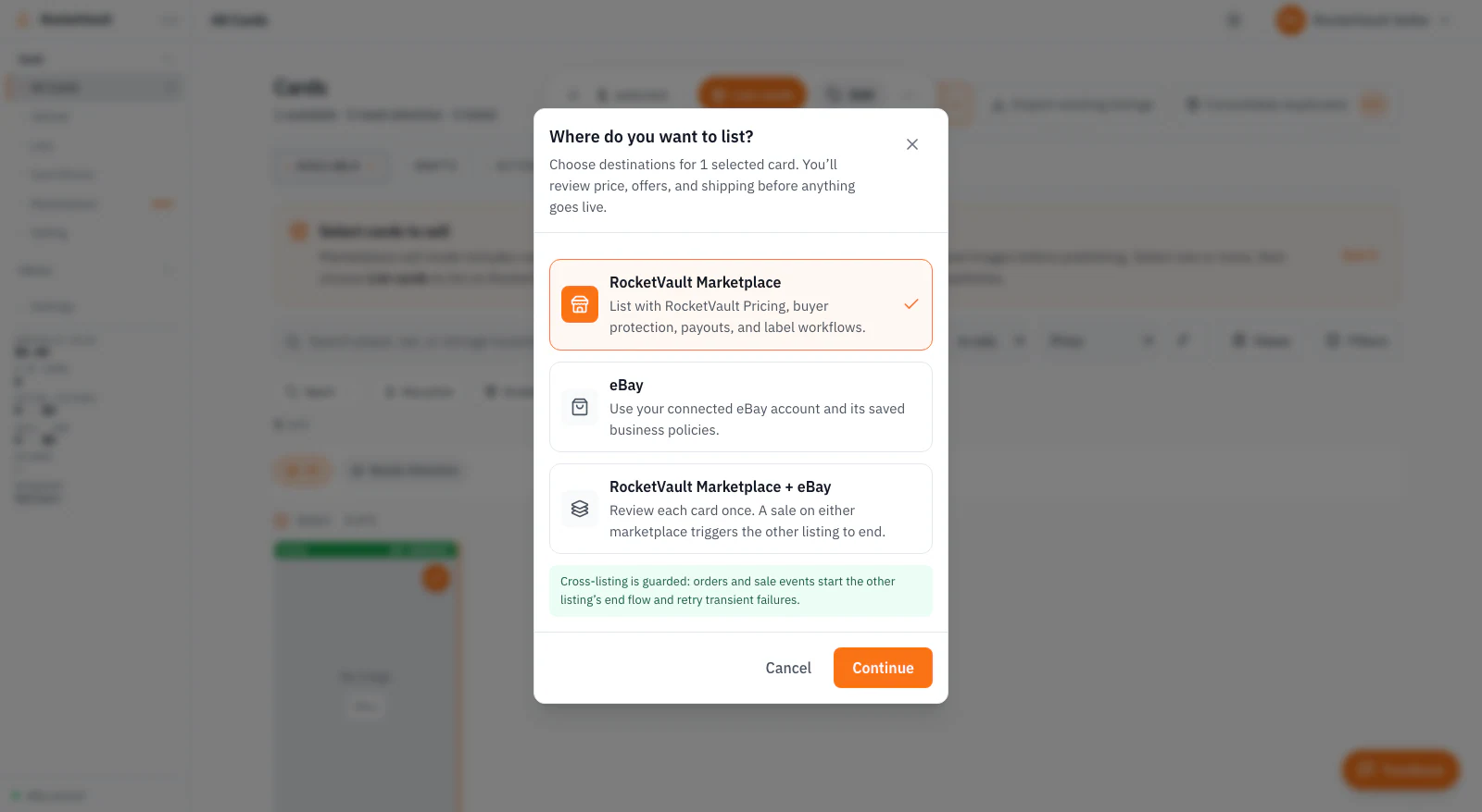 RocketVault Seller Marketplace showing exact cards, asking prices, shipping, and separately labeled pricing evidence.