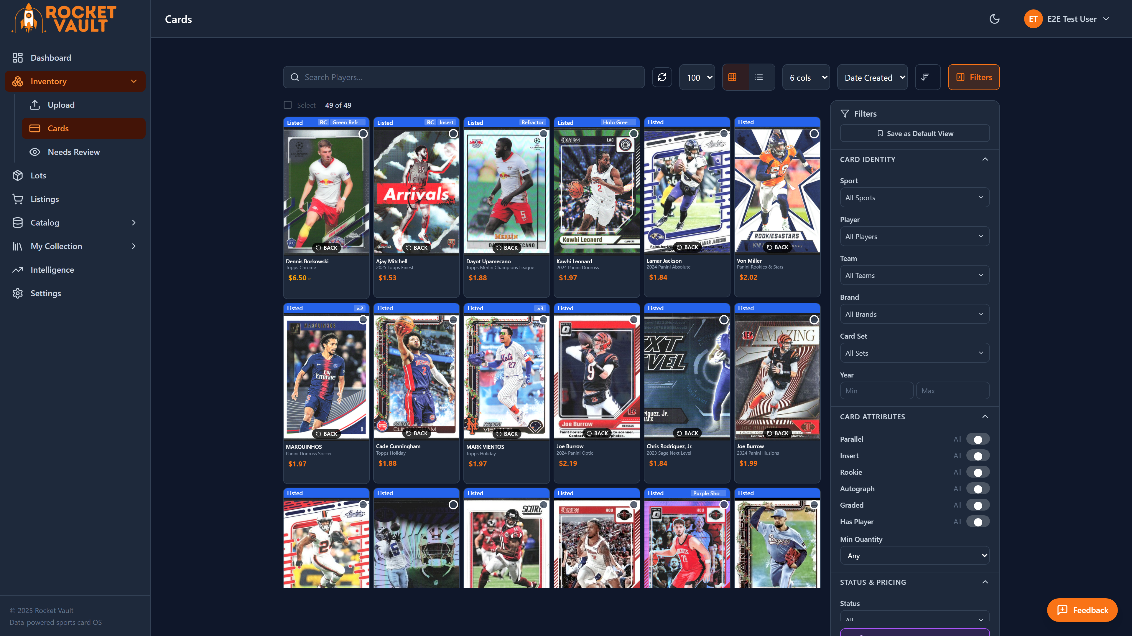 Cards inventory page with filters and bulk actions