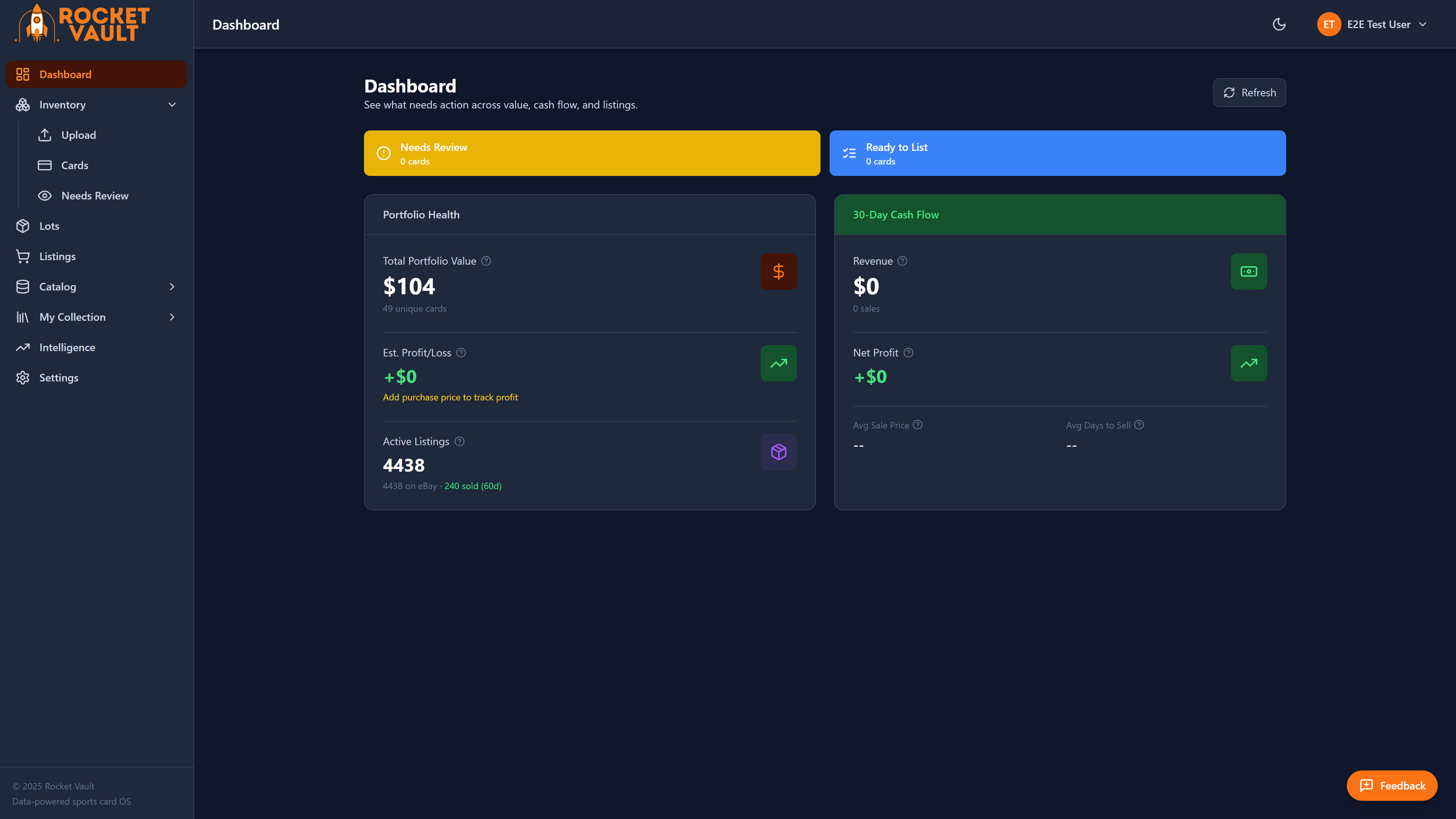 RocketVault Dashboard — portfolio value, AI insights, and card management