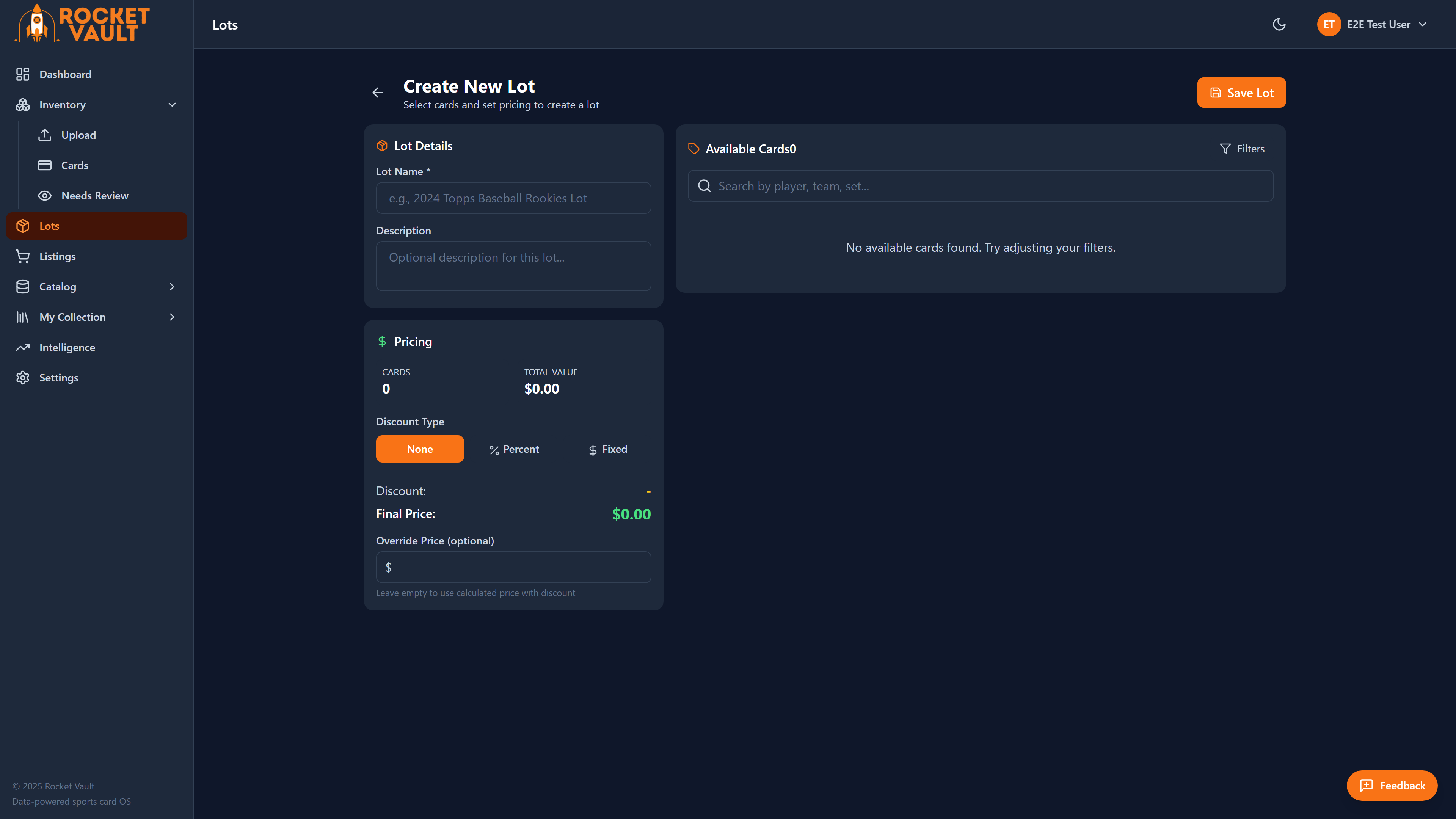 Lot Builder page for creating card bundles