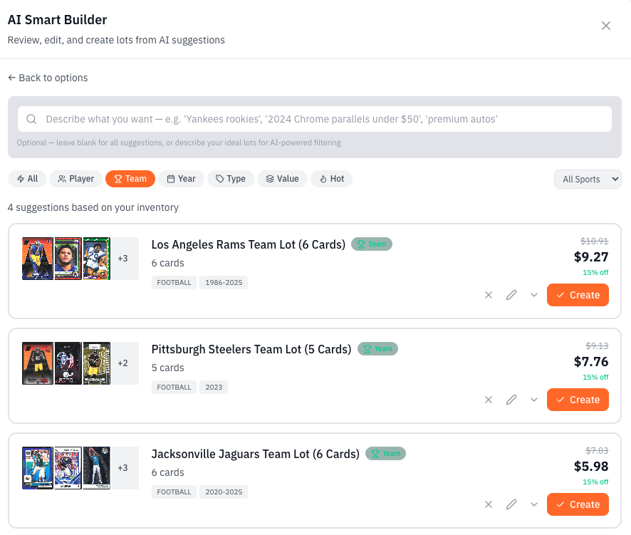 AI Smart Builder showing four AI-generated lot suggestions grouped by team