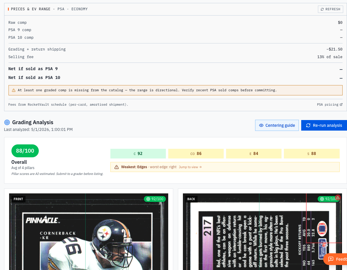 Grading Analysis showing 88/100 overall with sub-scores for centering, corners, edges, and surface on a real card